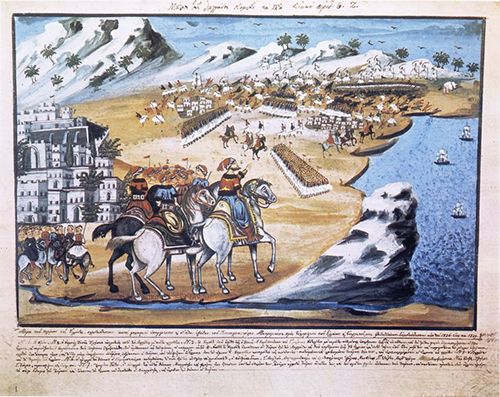 Αναπαράσταση της μάχης στο Κομπότι. Έργο του Παναγιώτη Ζωγράφου, παραγγελία του Στρατηγού Μακρυγιάννη (Συλλογή ΕΕΦ).
