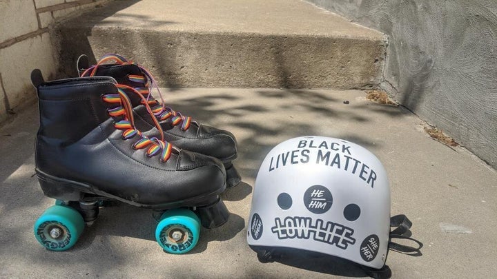 Namahoro's current set-up includes rainbow-laced boot-cut skates, outdoor wheels ("gummier" are better for rough surfaces), and a helmet with a "Black Lives Matter" sticker.