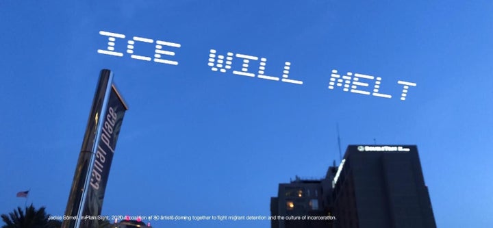 A mock up of the skytyped phrase "ICE WILL MELT," chosen by artist Jackie Sumell. It will be seen over the USCIS Field Office