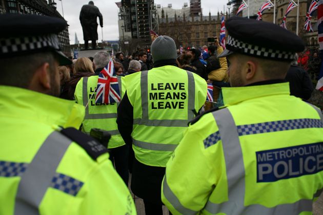 Police and Brexit supporters in parliament square on January 31, when the UK left the EU