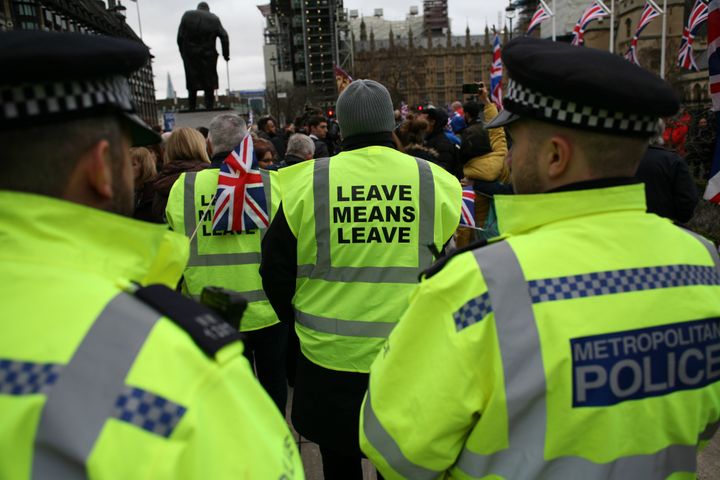 Police and Brexit supporters in parliament square on January 31, when the UK left the EU