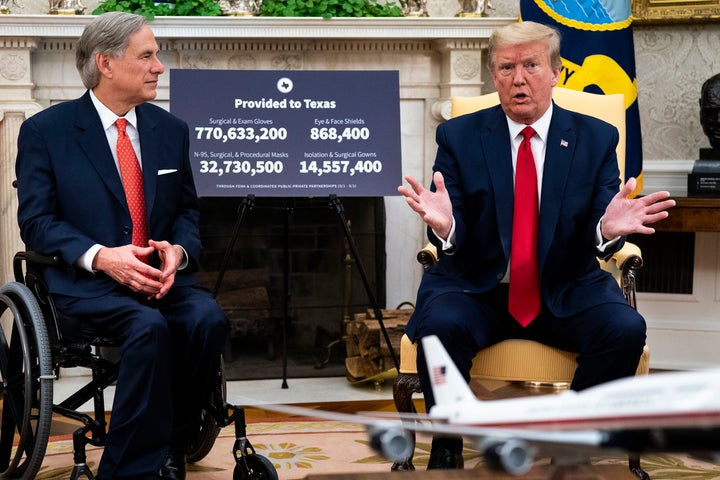 Texas Governor Greg Abbott and Trump. Abbot has similarly followed Trump's lead in largely ignoring the coronavirus until this month.