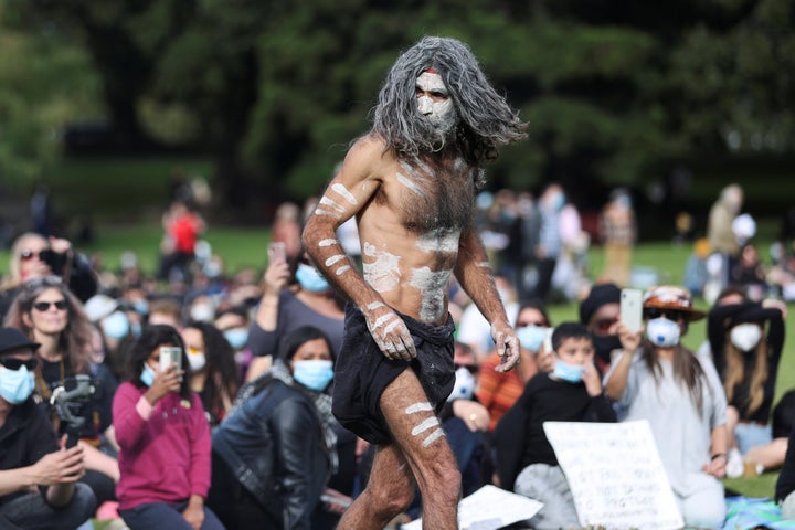 An Indigenous man takes part in a demonstration calling for an end to police brutality against Black people in the United States and First Nations people in Australia, in Sydney, Australia, July 5, 2020. REUTERS/Loren Elliott