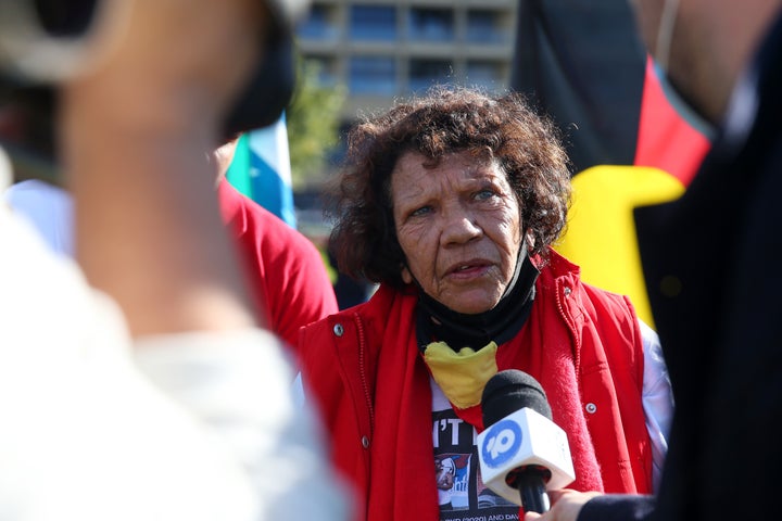 SYDNEY, AUSTRALIA - JULY 05: Leetona Dungay is interviewed during a rally against Black Deaths in Custody in The Domain on July 05, 2020 in Sydney, Australia.The rally was organised to protest against Aboriginal and Torres Strait Islander deaths in custody and in solidarity with the global Black Lives Matter movement. (Photo by Don Arnold/Getty Images)