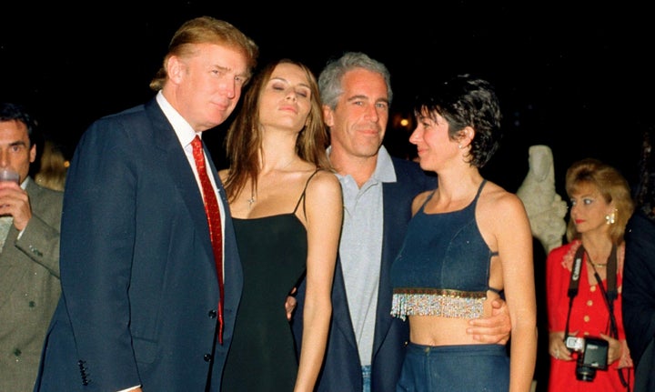 From left, Trump and his future wife, former model Melania Knauss, financier (and future convicted sex offender) Jeffrey Epstein, and British socialite Ghislaine Maxwell pose together at the Mar-a-Lago club in February 12, 2000.