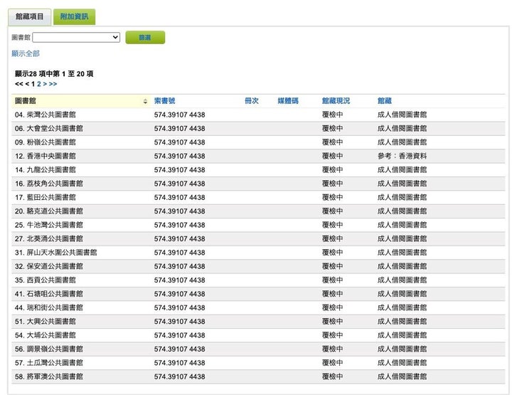 蔵書検索サイトの結果。「覆検中」は審査中を表す。