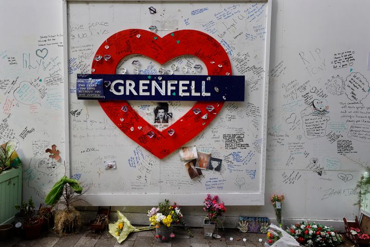 Tributes placed at the foot of Grenfell Tower, three years on from the disaster. 