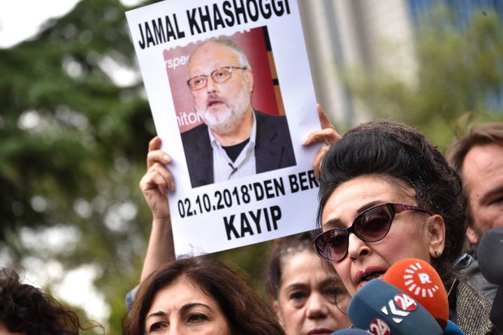 Protestors demonstrate at the entrance of Saudi Arabia consulate over the what was then just the disappearance of Saudi journalist Jamal Khashoggi, on October 9, 2018.