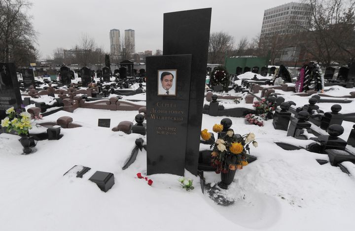 The snow clad grave of Russian lawyer Sergei Magnitsky at the Preobrazhenskoye cemetery in Moscow. 