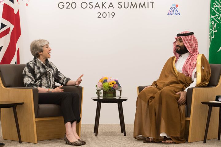 Crown Prince Mohammed bin Salman who ordered the murder of Khashoggi, meets with Theresa May during the G20 summit in Osaka, Japan.