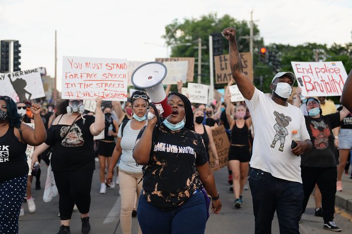 Cori Bush leads a march against police brutality on June 12 in University City, Missouri. For a second time, she is running to unseat Democratic Rep. William "Lacy" Clay.