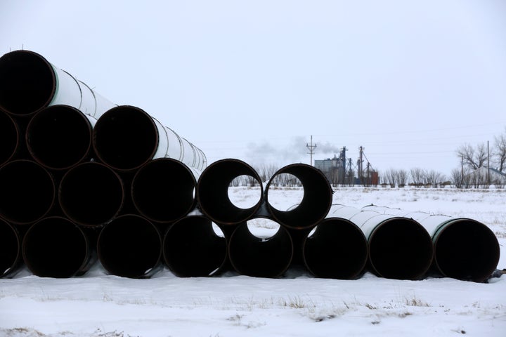 Pipes for TransCanada Corp's Keystone XL oil pipeline in Gascoyne, North Dakota, on Jan. 25, 2017.
