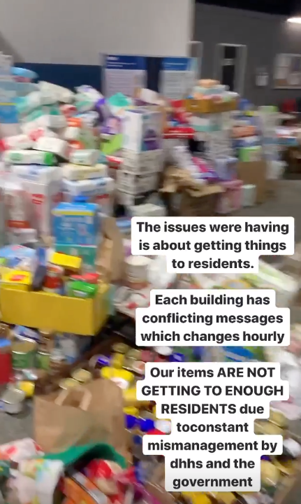Food donations being sorted at AMSSA, near the public housing towers.