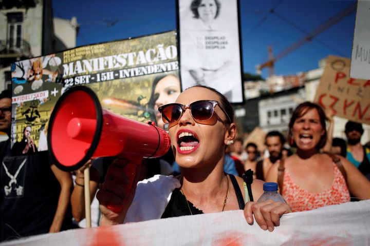Protesters demonstrate against evictions and rising rent prices in central Lisbon in September 2018.