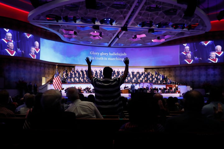 A choir sings at First Baptist Church Dallas during a Celebrate Freedom Rally that featured a speech from Vice President