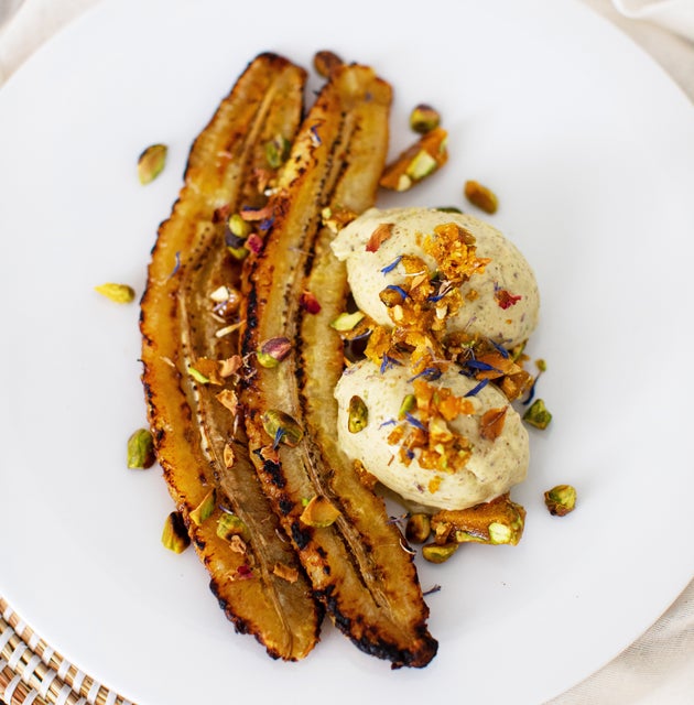 Roasted Plantain with Pistachio Ice Cream & Salted Pistachio Brittle