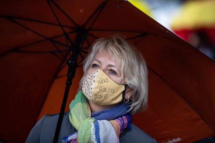 British Columbia provincial health officer Dr. Bonnie Henry wears a face mask as she views the "Murals of Gratitude" exhibition in Vancouver on July 3, 2020. 