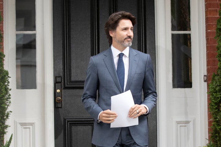 Canadian Prime Minister Justin Trudeau arrives for his daily coronavirus, COVID-19 briefing at Rideau Cottage in Ottawa on June 25, 2020. 