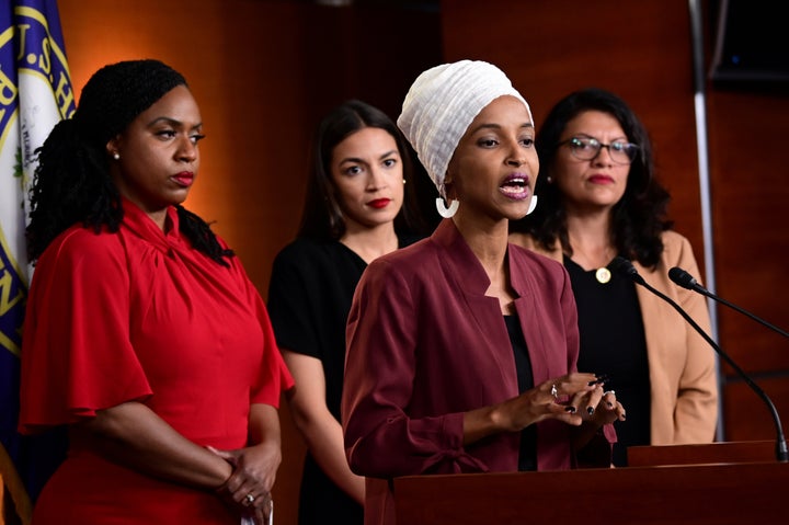 Democratic Reps. Ayanna Pressley (Mass.), Ilhan Omar (Minn), Alexandria Ocasio-Cortez (N.Y.) and Rashida Tlaib (Mich.), collectively known as "the squad," hold a news conference on July 15, 2019.