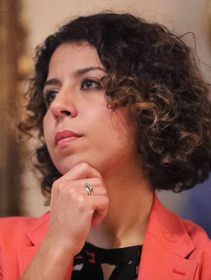 Ihssane Leckey attends the Brookline Democratic Town Committee as one of the candidates for Massachusetts's 4th Congressional District on Oct. 20, 2019. 