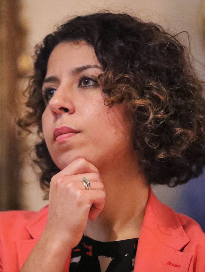 Ihssane Leckey attends the Brookline Democratic Town Committee as one of the candidates for Massachusetts's 4th Congressional District on Oct. 20, 2019.