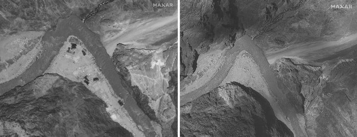 This combination of June 28, 2020, left, and July 6, 2020, satellite images provided by Maxar Technologies shows the Galwan Valley along the border between India and China. June 28 image shows that the Indians had built a wall on their side and the Chinese had expanded an outpost camp at the end of a long road connected to Chinese military bases farther from the poorly defined border, according to experts. July 6 image shows China and India appear to have dismantled recent construction on both the Indian and Chinese sides of the border high in the Karakoram mountains following a deadly clash in the area. 