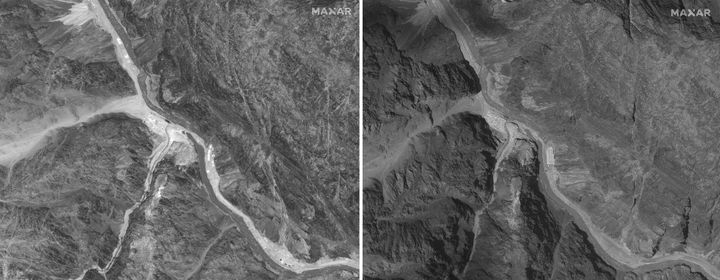 This combination of June 28, 2020, left, and July 6, 2020, satellite images provided by Maxar Technologies shows the Galwan Valley along the border between India and China. 