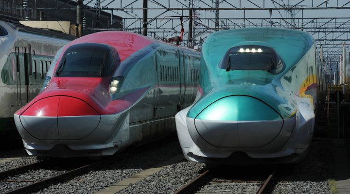 秋田新幹線E6系スーパーこまち（左）と東北新幹線E5系はやぶさ（右）＝2012年5月19日、栃木県小山市の小山新幹線車両センター 
