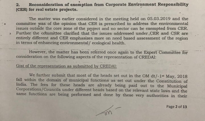 Minutes of the meeting held in May 2019 by the Dr Satish Wate led committee to discuss, among other things, the CREDAI's proposal for a second time about exempting the real estate sector from the obligation to fund Corporate Environment Responsibility activities. Accessed by this reporter under the RTI Act.
