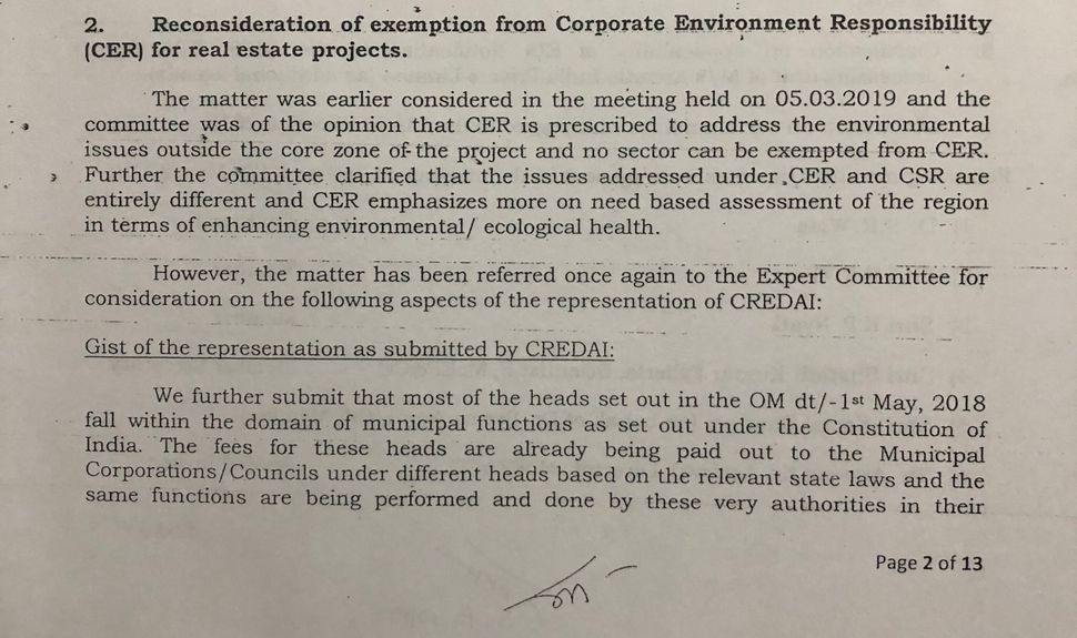 Minutes of the meeting held in May 2019 by the Dr Satish Wate led committee to discuss, among other things, the CREDAI's proposal for a second time about exempting the real estate sector from the obligation to fund Corporate Environment Responsibility activities. Accessed by this reporter under the RTI Act.