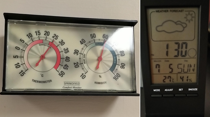 Thermostat readings near a nursing station, left, and in Savirea Puopolo's room at the Woodbridge Vista Care Community in Vaughan, Ont., on July 5, 2020.