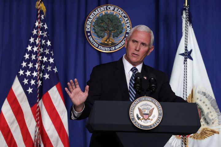 Vice President Mike Pence speaks during a White House coronavirus task force press briefing at the U.S. Department of Education on Wednesday. He said the Centers for Disease Control and Prevention will relax guidelines for reopening schools in the fall.