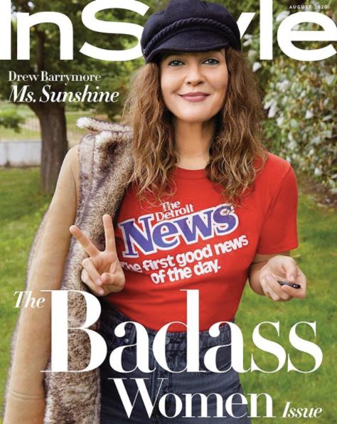 Drew Barrymore on the cover of the August edition of InStyle magazine.