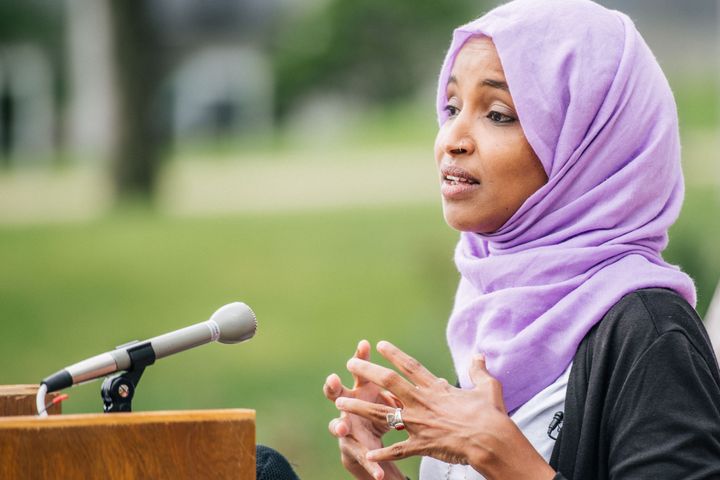 Rep. Ilhan Omar (D-Minn.) speaks at a press conference in St. Paul, Minnesota, on Tuesday. Her outspoken progressive style has won her both passionate supporters and enemies.