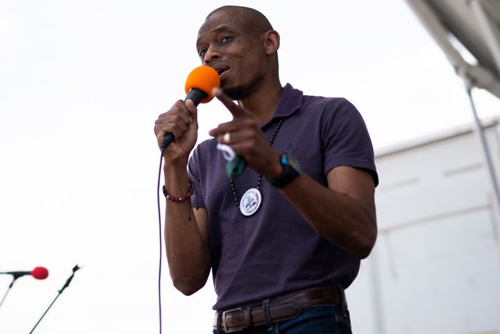 Antone Melton-Meaux, an attorney challenging Rep. Omar, speaks at a Juneteenth celebration in Minneapolis. He's running as a 