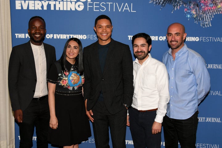 "The Daily Show's" David Kibuuka, Jen Flanz, Trevor Noah, Zhubin Parang, and Ramin Hedayati attend The Wall Street Journal's Future Of Everything Festival in New York City.