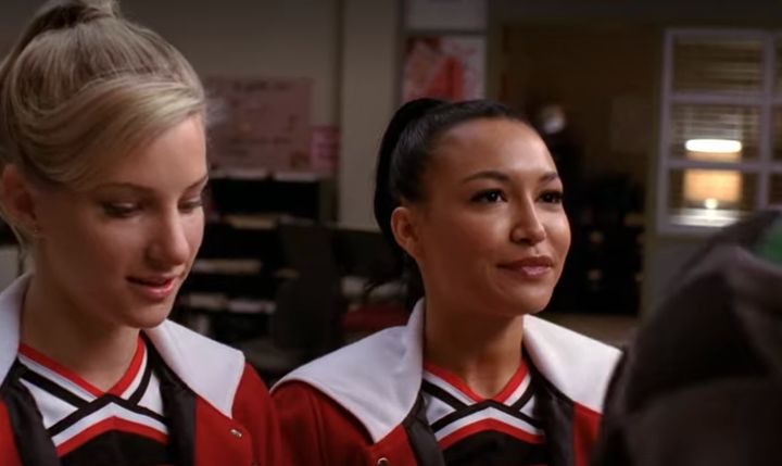 A still from Season 1 of 'Glee' featuring Heather Morris as Brittany Pierce (left) and Naya Rivera as Santana Lopez (right).