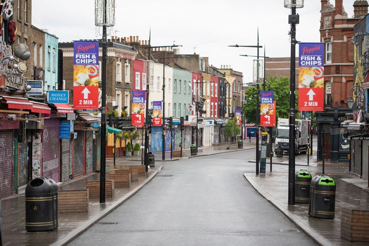 A general view of a deserted Camden High Street in April.