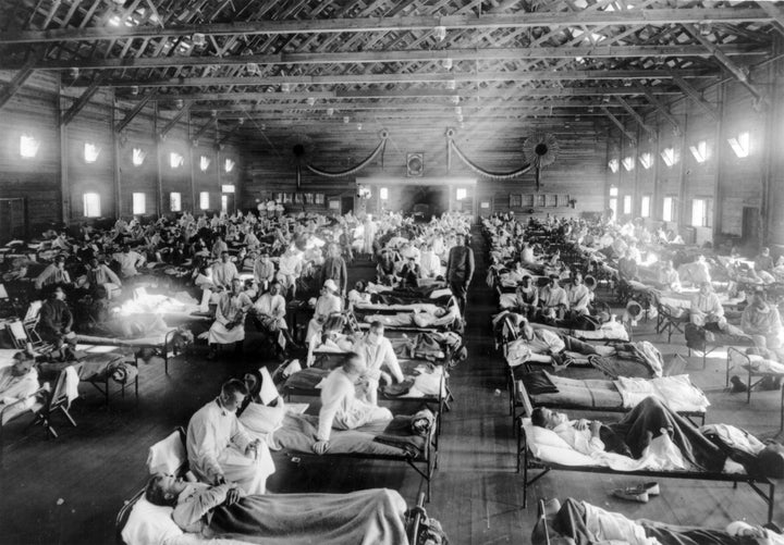 Influenza epidemic patients in an emergency hospital Kansas, USA during the 1918 Spanish influenza outbreak which killed around 50 million people worldwide.