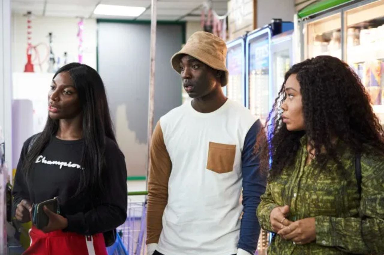 I May Destroy You's lead cast, left to right: Michaela Coel as Arabella, Paapa Essiedu as Kwame, Weruche Opia as Terri