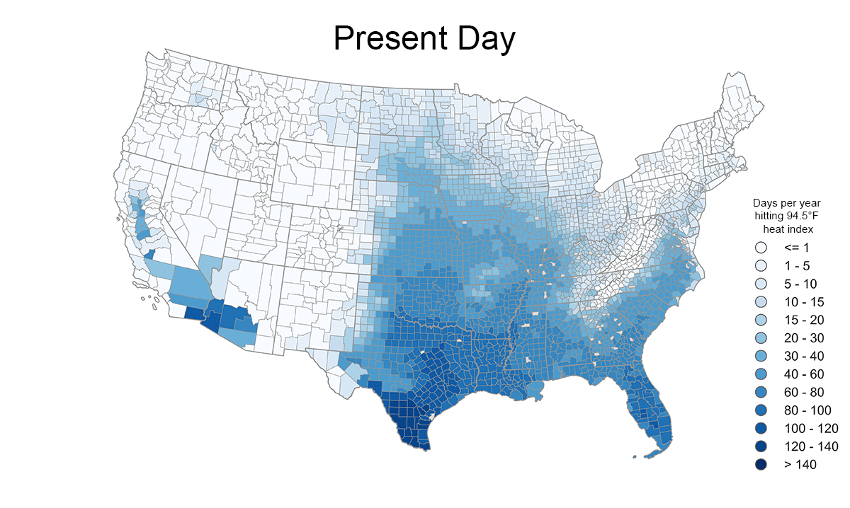 The map shows the number of dangerously hot working days faced by letter carriers each summer season, now and in the future. A day is considered dangerously hot when the heat index hits 94.5 degrees Fahrenheit. The bluer the area, the more days between May and September hit that threshold.