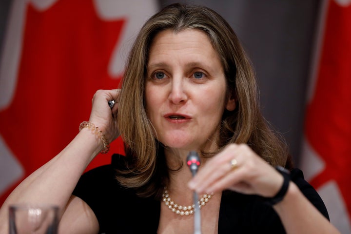 Deputy Prime Minister Chrystia Freeland attends a news conference in Ottawa on March 23, 2020 as efforts continue to help slow the spread of COVID-19.