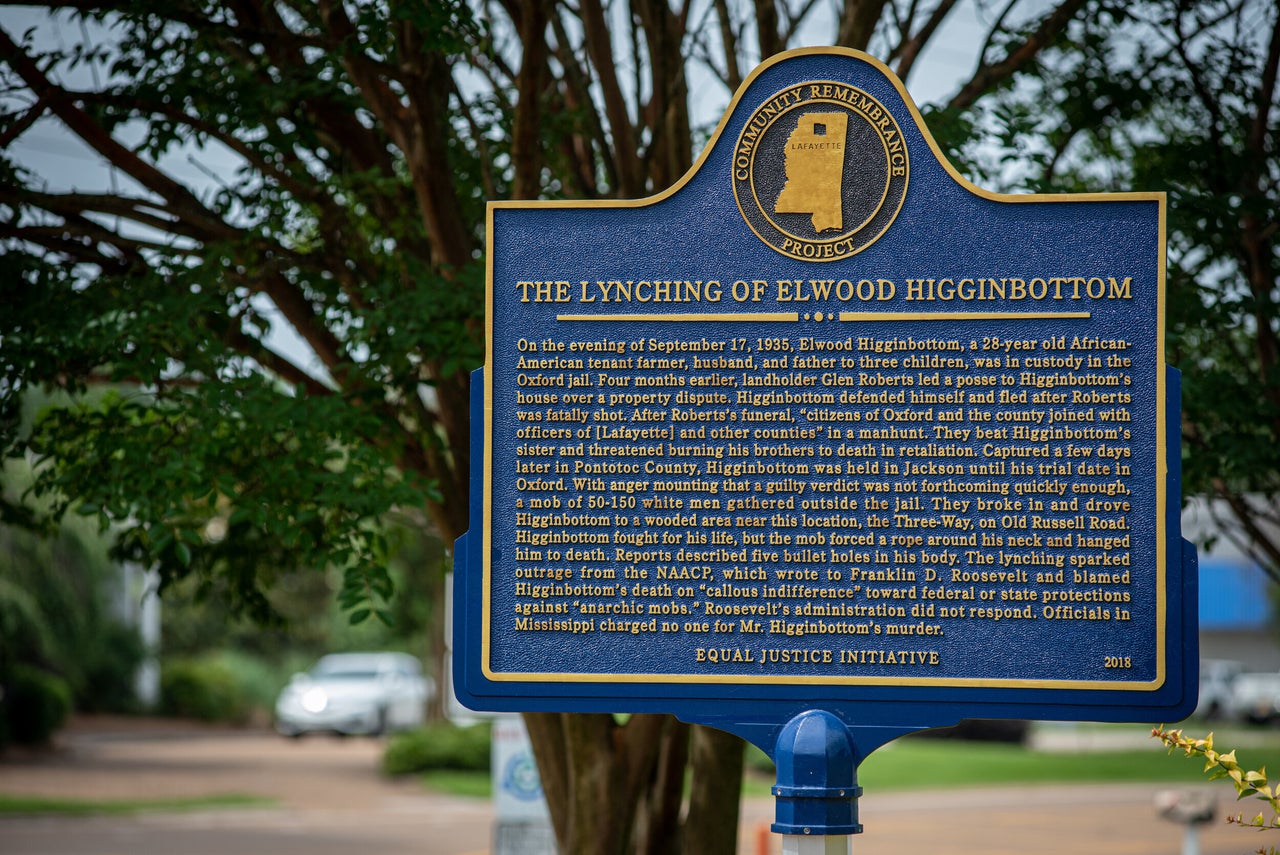 A commemorative plaque marks the spot of the 1935 lynching of Elwood Higginbottom in Oxford, Mississippi. Studies show that areas of the U.S. that have a history of lynching also have higher rates of corporal punishment in public schools.