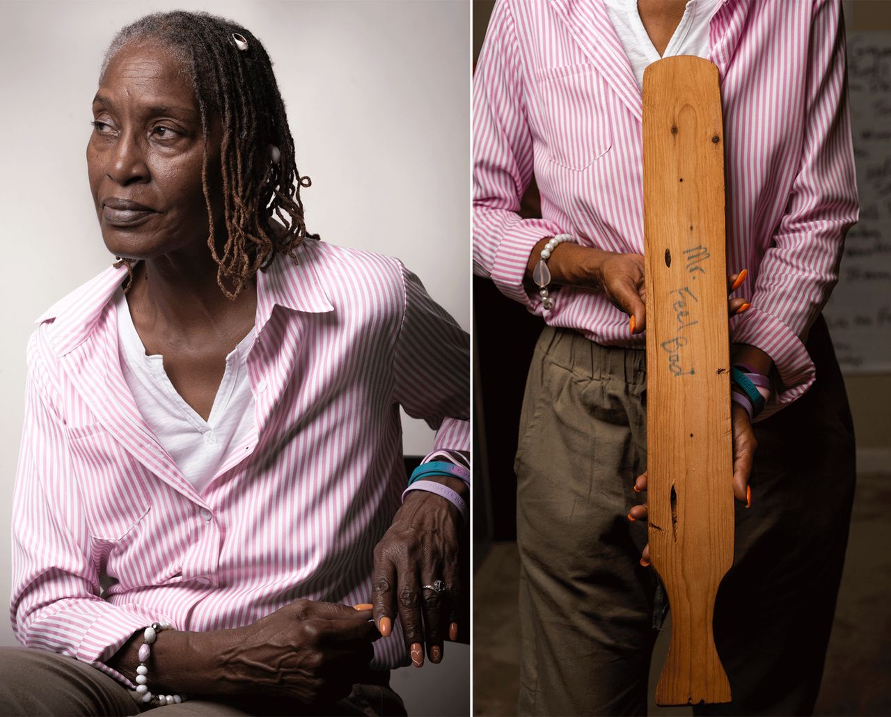 LEFT: Ellen Reddy, the Exective Director of the Nollie Jenkins Family Center in Durant, Mississippi, is a leading opponent of corporal punishment in public schools. RIGHT: Reddy holds a paddle that has been used in traditional forms of corporal punishment in Mississippi schools.