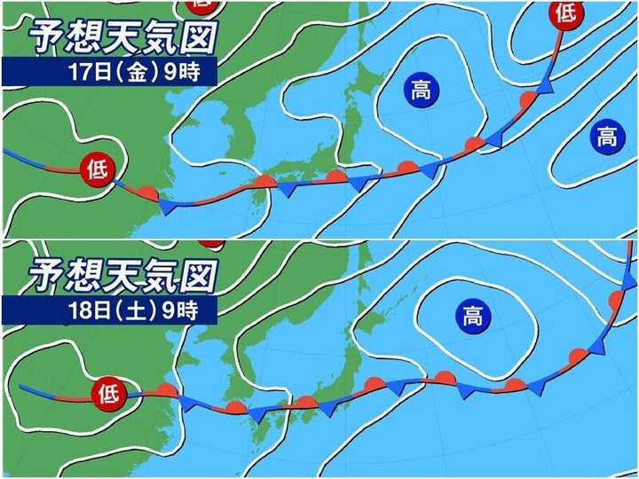 17日(金)9時と18日(土)9時の予想天気図