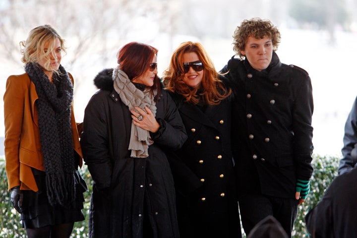 Benjamin Keough, far right, is seen with his sister Riley Keough, far left, grandmother Priscilla Presley, and mother Lisa Marie, second from right, at a ceremony commemorating Elvis Presley's 75th birthday on Jan. 8, 2010 in Memphis, Tenn.