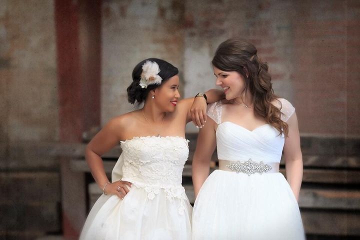 Megan, left, and Katie on their wedding day in July 2013.