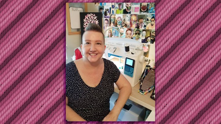 "I have created a little photo collage in my shop of every photo someone had sent me in their mask, so that as I am working I just look up and it motivates me that these masks are for someone to help keep them safe," Bonnie Brosious said.