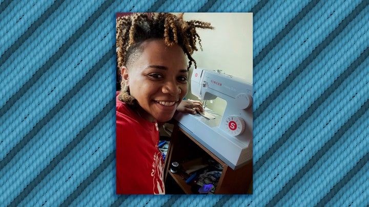 Liselle Ferdinand at work on her sewing machine in Brooklyn, New York.