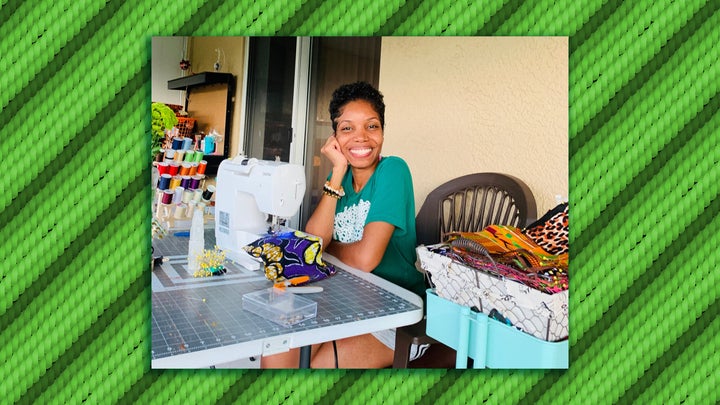 Rickeysha Godfrey working at home in Sebring, Florida, photographed by her 6-year-old daughter.